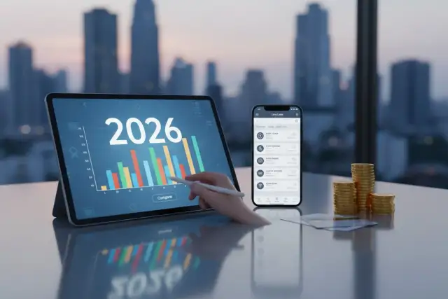 Tablet z wykresem i rokiem 2026, smartfon z listą pożyczek, stos monet i karty płatnicze na biurku.