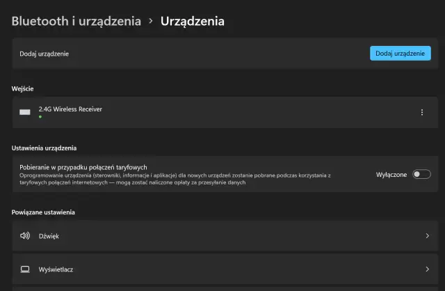 Ustawienia Bluetooth i urządzeń w Windows 11. Widzisz opcję "Dodaj urządzenie", by włączyć Bluetooth.
