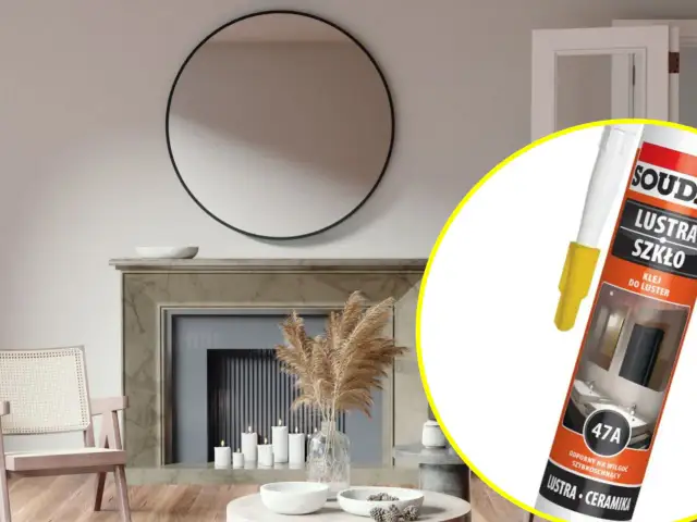 Okrągłe lustro nad kominkiem i tubka kleju do luster Soudal.