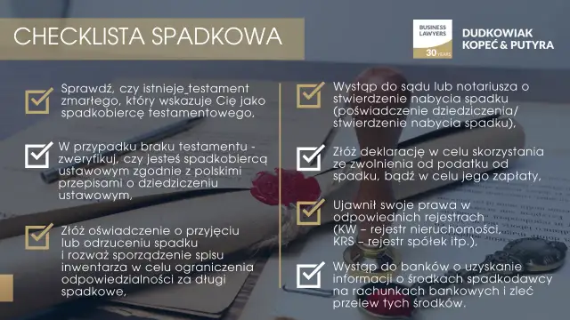 Checklista spadkowa: Sprawdź testament, ustal, kto dziedziczy. W przypadku braku testamentu, zweryfikuj dziedziczenie ustawowe.