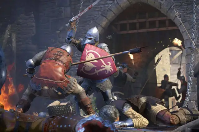 Zacięta bitwa w Kingdom Come: Deliverance. Rycerze w zbrojach walczą mieczami i tarczami, wokół leżą pokonani. Kody do gry mogą pomóc w tej brutalnej walce.