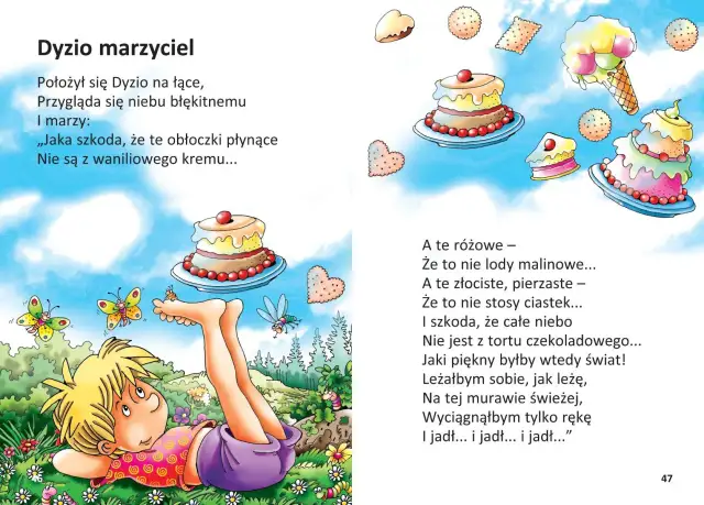 Ilustracja do wierszy Juliana Tuwima dla dzieci. Chłopiec leży na łące i marzy o niebie z kremu i ciastek.
