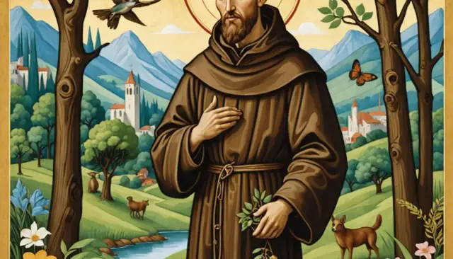 Święty Franciszek w brązowym habicie, otoczony naturą: zwierzętami, ptakiem, motylem i krajobrazem z górami i kościołami.