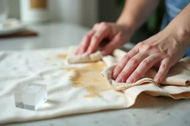 Dłonie delikatnie wycierają plamę z żywicy na jasnej tkaninie. Poznaj sposoby, jak sprać żywicę z kurtki, aby znów wyglądała jak nowa.