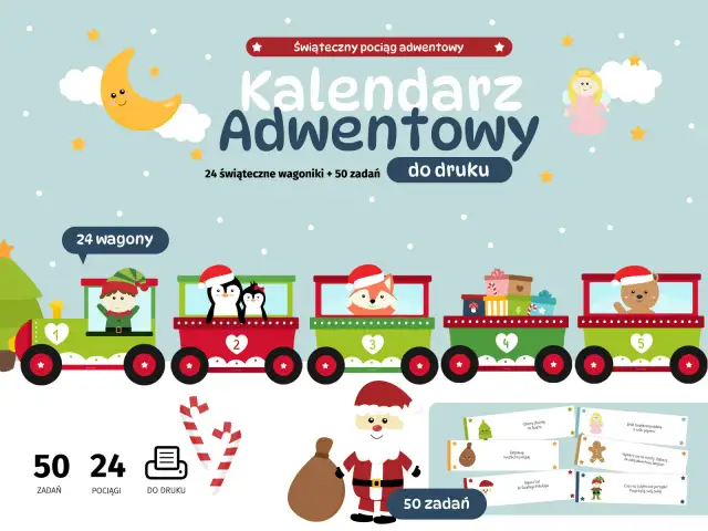 Świąteczny pociąg adwentowy z 24 wagonikami i 50 zadaniami. Wesołe zwierzątka i elfy podróżują w kolorowych wagonach.