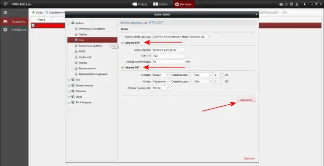 Konfiguracja hikvision: ustawienia czasu, strefy czasowej, NTP i DST.