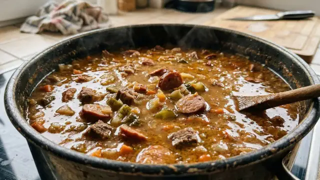 Gęsta zupa z kiełbasą i mięsem, parująca w garnku. Idealna porcja to około 300-400 ml zupy na osobę.