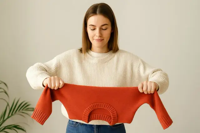 Kobieta rozciąga pomarańczowy sweter.