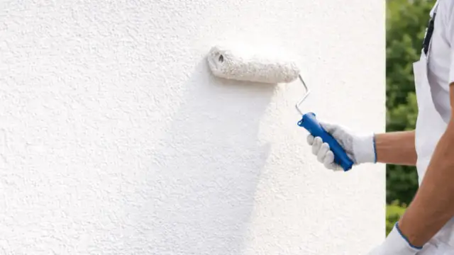 Malowanie białego, chropowatego tynku wałkiem.