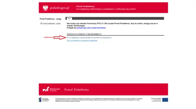Czerwona strzałka wskazuje na link "PCC-3 Deklaracja w sprawie podatku od czynności cywilnoprawnych" na stronie Portalu Podatkowego.