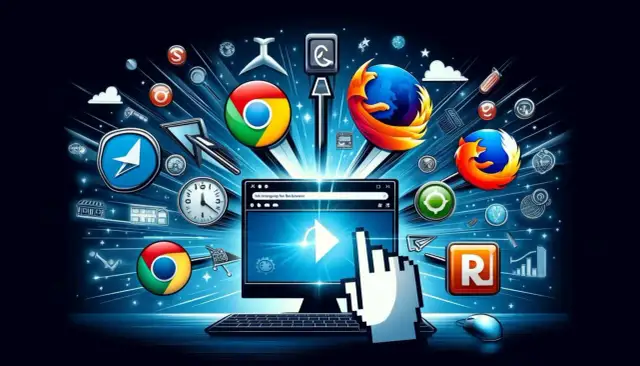 Ikony przeglądarek internetowych (Chrome, Firefox) i komputer z kursorem myszy na tle sieci.