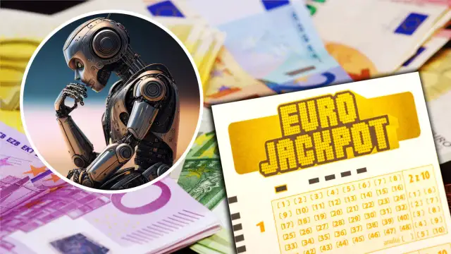 Robot myślący nad kuponem Eurojackpot i banknotami euro.