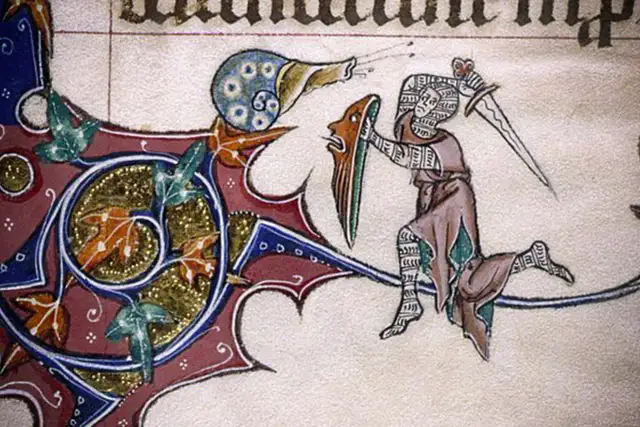 Rycerz walczy ze ślimakiem, scena z miniatury iluminowanej, być może z "Pieśni o Rolandzie" autorstwa nieznanego artysty.