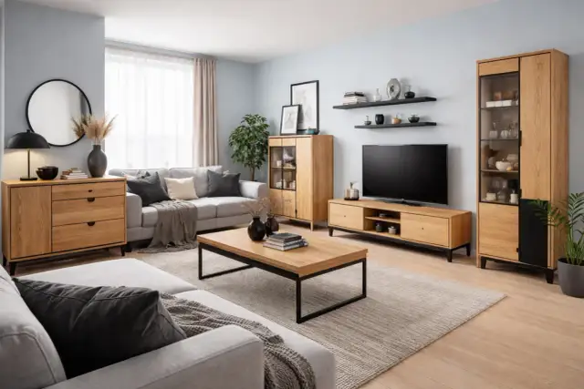 Przytulny salon z meblami w ciepłych odcieniach dębu. Szara kanapa, stolik kawowy i komoda tworzą harmonijną całość.