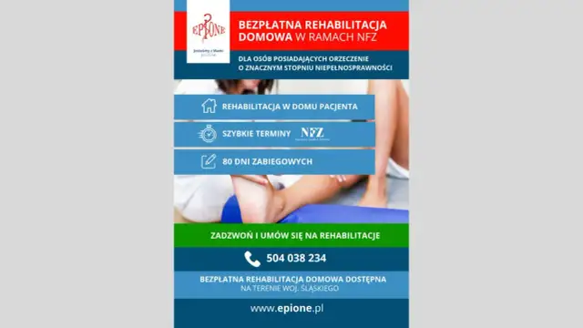 Grafika z napisem "Bezpłatna rehabilitacja domowa w ramach NFZ", ikonami i zdjęciem nogi pacjenta.