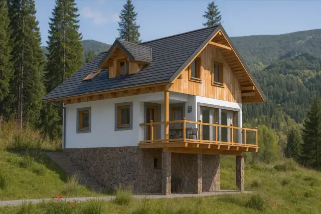 Nowoczesny dom szkieletowy w otoczeniu gór. Zastanawiasz się, dom szkieletowy ile lat przetrwa? Ten wygląda na solidny.