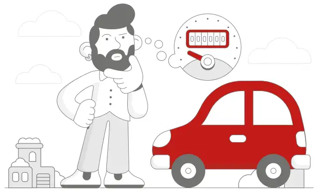 Zastanawiający mężczyzna myśli o historii pojazdu, widząc licznik i czerwony samochód.