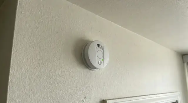 Oto jak wygląda czujnik dymu: biały, okrągły detektor zamontowany na chropowatej, jasnej ścianie, z zieloną diodą sygnalizującą działanie.