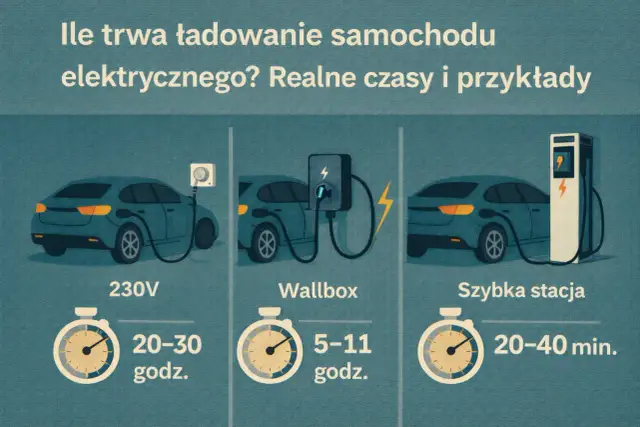 Ilustracja porównująca czasy ładowania samochodu elektrycznego: 230V, Wallbox i szybka stacja.