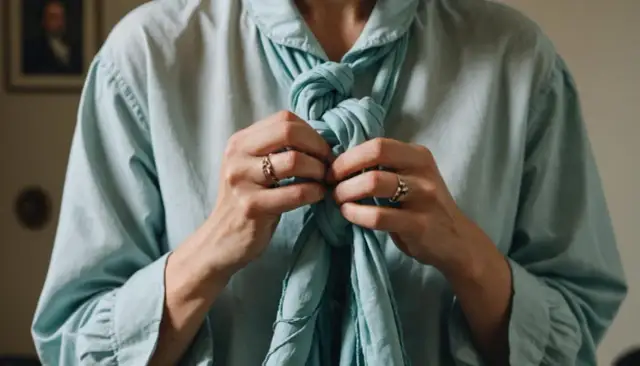 Dłonie w pierścionkach wiążą błękitny szal na bluzce.