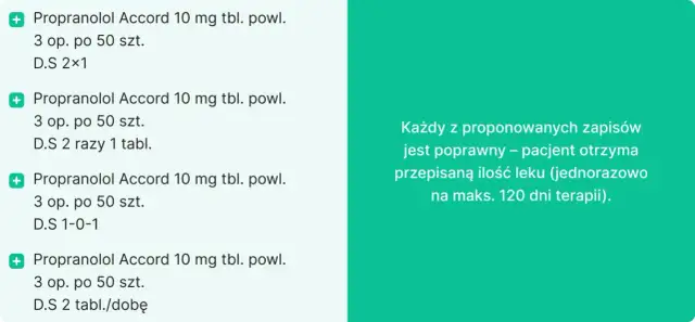 Propranolol Accord 10 mg: 3 op. po 50 szt. Każdy zapis pozwala na wydanie leku jednorazowo na maks. 120 dni terapii.
