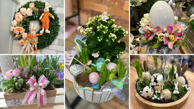 Wielkanocne kwiaty w ozdobnych kompozycjach: wianek z króliczkami, bukiety z jajkami i kwiatami, donice z hiacyntami i ozdobami.