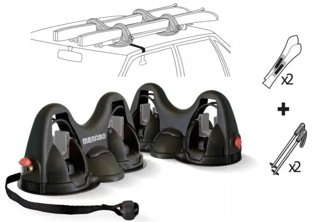 Magnetyczny uchwyt na narty na dachu samochodu, z nartami i kijkami.