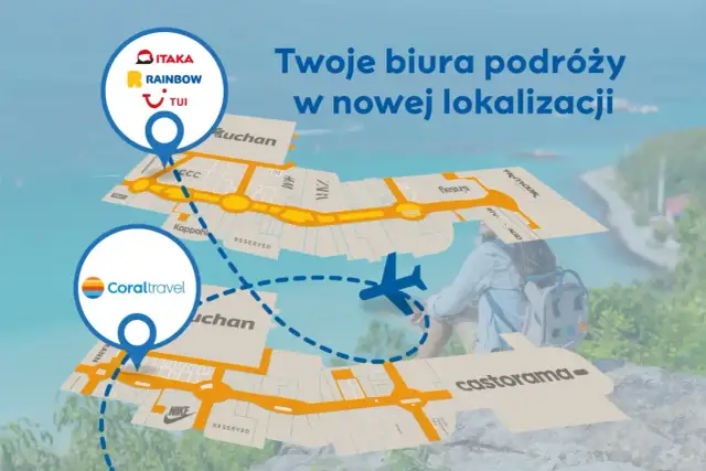 Mapa centrów handlowych z logotypami biur podróży i samolotem.