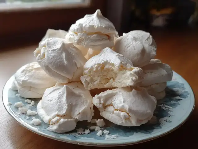 Stos białych, chrupiących bez na talerzyku. Idealne na deser, gdy masz ochotę na coś słodkiego. Prosty beza przepis to klucz do sukcesu!