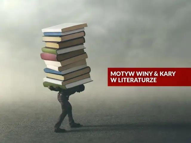 Postać dźwiga stos książek, symbolizujący ciężar winy i kary w literaturze.