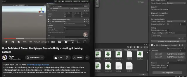 Ekran edytora Unity z panelem Inspector pokazującym ustawienia Fizzy Steamworks, w tym Steam App ID.