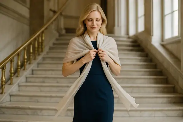 Kobieta w granatowej sukni wieczorowej i jasnym szalu na schodach.