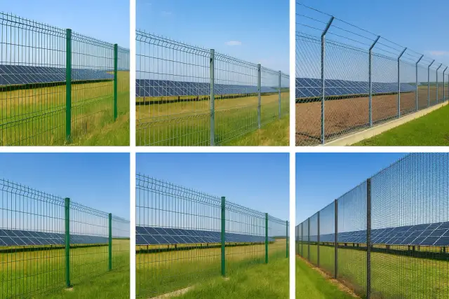 Siatkowe ogrodzenia i panele fotowoltaiczne na tle błękitnego nieba.