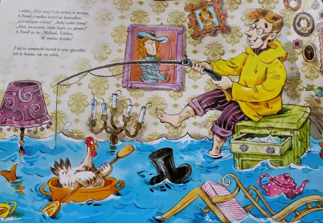 Paweł i Gaweł wiersz: Paweł łowi ryby w zalanej wodą komnacie, podczas gdy kura wiosłuje w wannie.