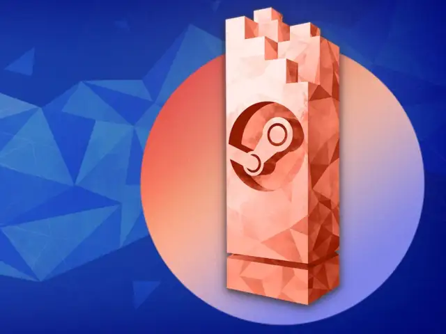 Pomarańczowy, geometryczny blok z logo Steam na tle niebieskich trójkątów i okręgu.