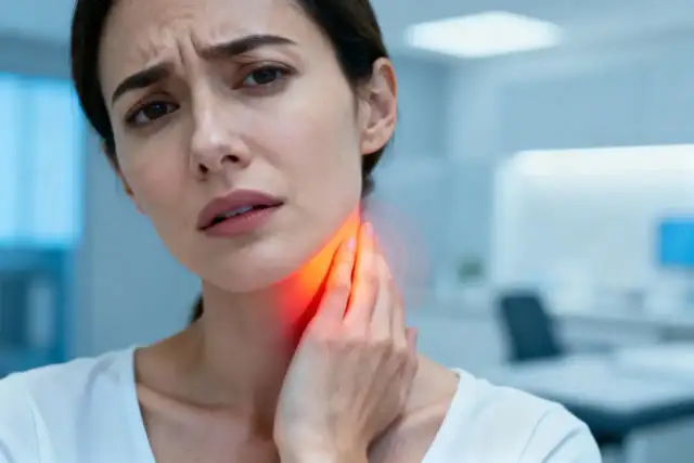 Kobieta z grymasem na twarzy trzyma dłoń na szyi, gdzie widoczny jest czerwony obszar bólu przy przełykaniu.