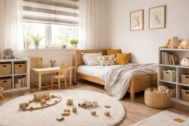 Nowoczesne pokoje dla dzieci: drewniane łóżko, biurko, zabawki i przytulne tekstylia tworzą idealne miejsce do zabawy i nauki.