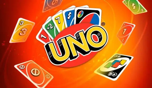 Logo gry UNO otoczone przez latające karty: żółte z cyfrą 3, zielone +2, czerwone 1, niebieską ze strzałkami, czarną z kolorowymi kwadratami i pomarańczowe z symbolem.