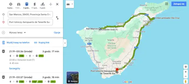 Trasa na Teneryfie, jednej z Wysp Kanaryjskich, gdzie leżą. Mapa pokazuje podróż z San Marcos do lotniska.