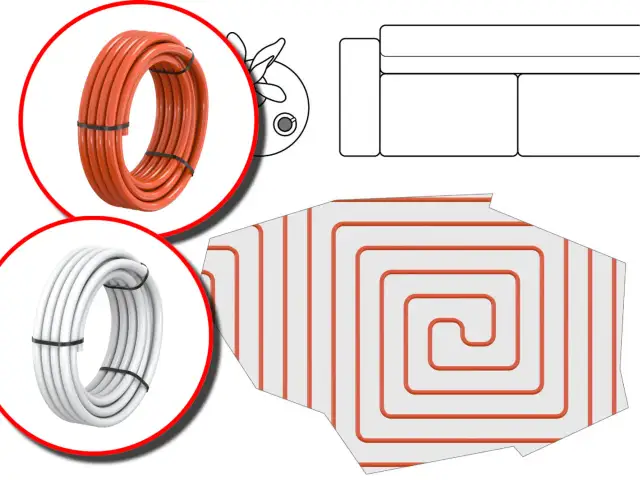 Pomarańczowa i biała rura do podłogówki. Jaka średnica rury do rozdzielacza podłogówki? Schemat ułożenia ogrzewania.