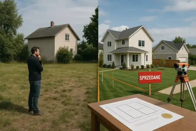 Mężczyzna rozważa podział działki. Po lewej stary dom, po prawej nowy, z tabliczką "SPRZEDANE". Procedura sądowy podział nieruchomości.
