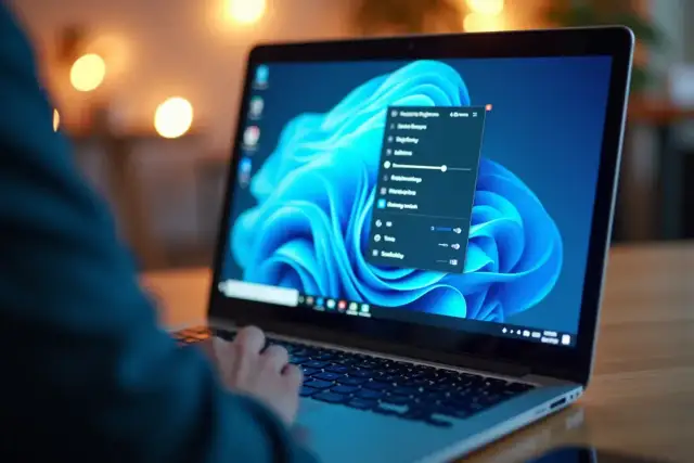 Laptop z jasnym ekranem i otwartym menu ustawień jasności.