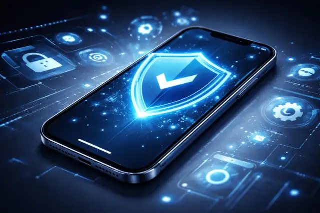 iPhone z tarczą ochronną i ikonami bezpieczeństwa na tle cyfrowym.