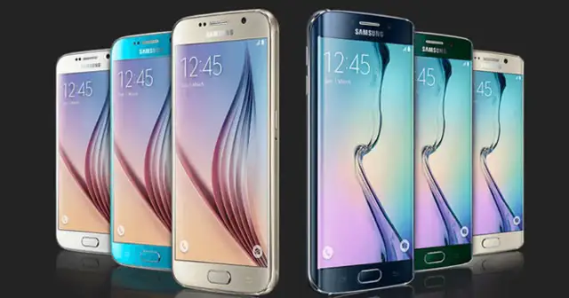 Kilka smartfonów Samsung Galaxy S6 w różnych kolorach, ustawionych obok siebie.