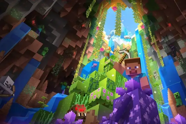 Steve i Alex eksplorują jaskinię pełną potworów i roślin. To świat sandbox, gdzie można budować i tworzyć.