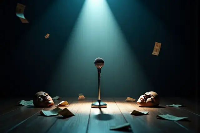 Piotr Żola Szulowski stand up: mikrofon na scenie, wokół leżą maski i banknoty.