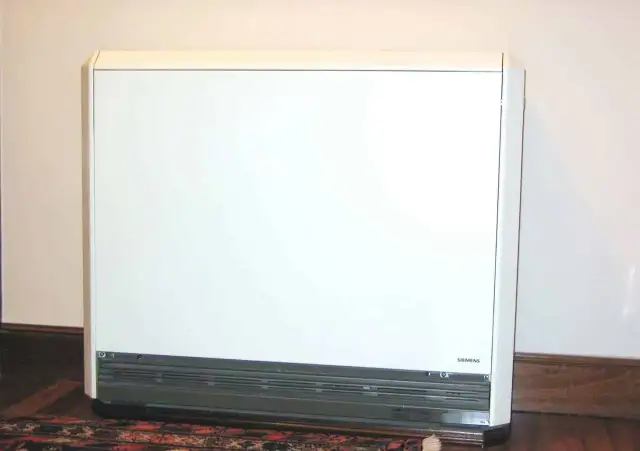 Biały, prostokątny piec akumulacyjny elektryczny marki Siemens stoi na drewnianej podłodze, obok dywanu.
