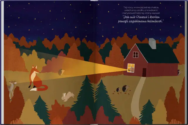 Ilustracja nocnego lasu z chatką, lisem, sarną, króliczkiem i jeżami.