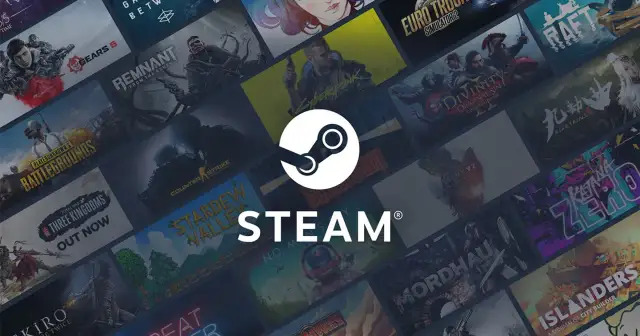 Logo Steam otoczone kolażem okładek popularnych gier.