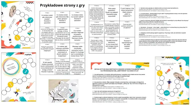 Plansza do gry planszowej z pytaniami o samorozwój i asertywność.